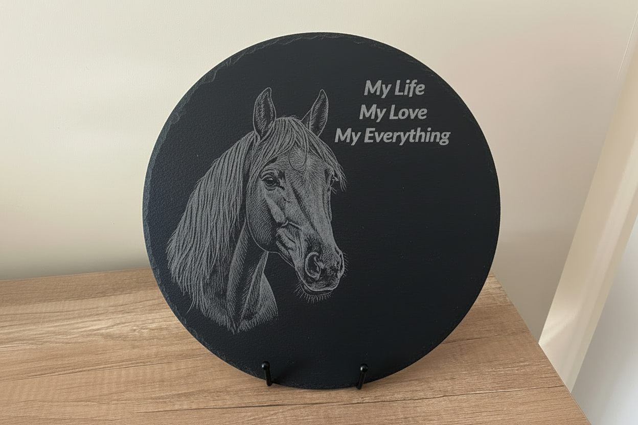 Round black slate with horse illustration and text on a wooden surface