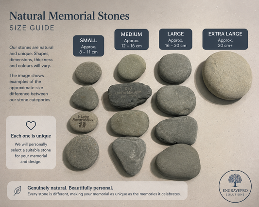 EngravePro Solutions natural memorial stone size guide showing Small, Medium, Large and Extra Large stone options