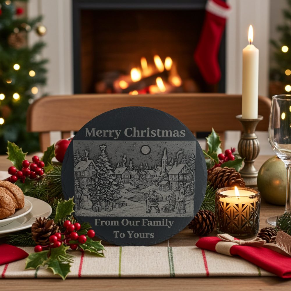 Natural round slate serving board with laser engraved finish