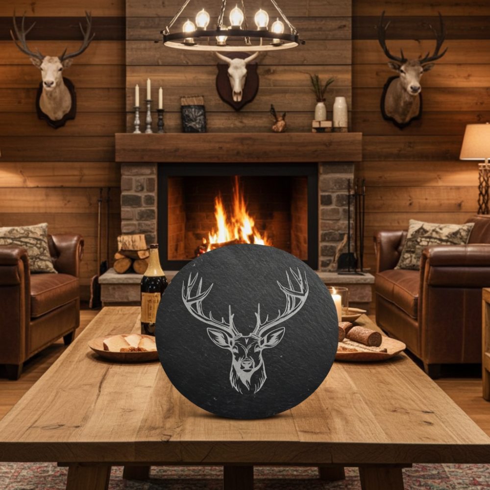 Round slate serving board engraved with detailed stag design