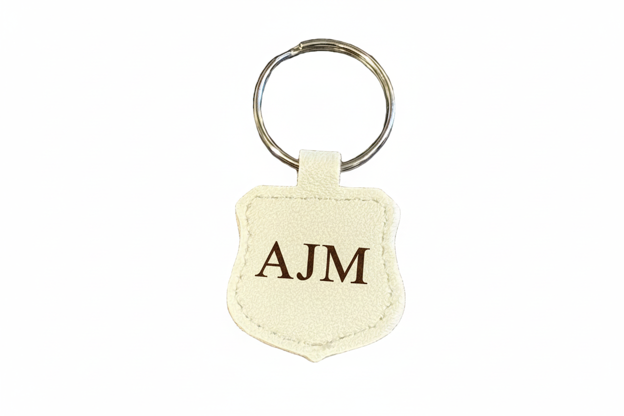Beige keychain with 'AJM' initials on a white background