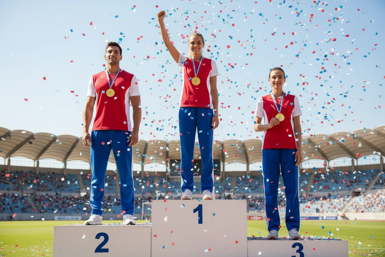 3 winners on podium wearing a gold medal with a red, white, and blue ribbon