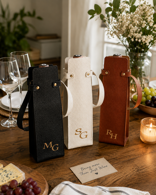 Personalised faux leather wine bottle carriers displayed on a dining table for dinner parties and entertaining.