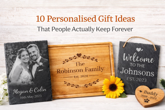 Personalised engraved gift ideas including a photo slate, engraved chopping board and slate welcome sign.