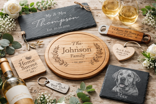 Flat lay of assorted engraved gifts on a rustic wooden table.