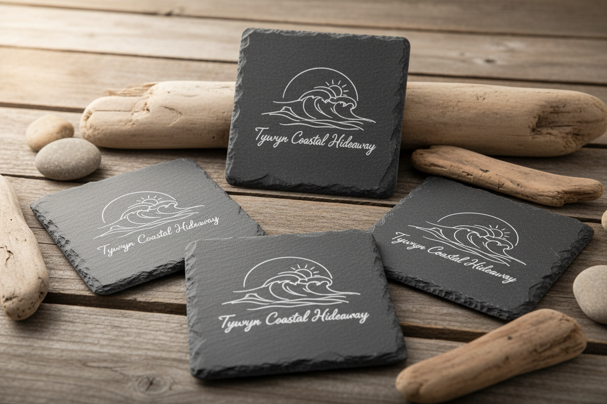 4 Slate Coasters Personalised with a logo and holiday home name on wooden decking 