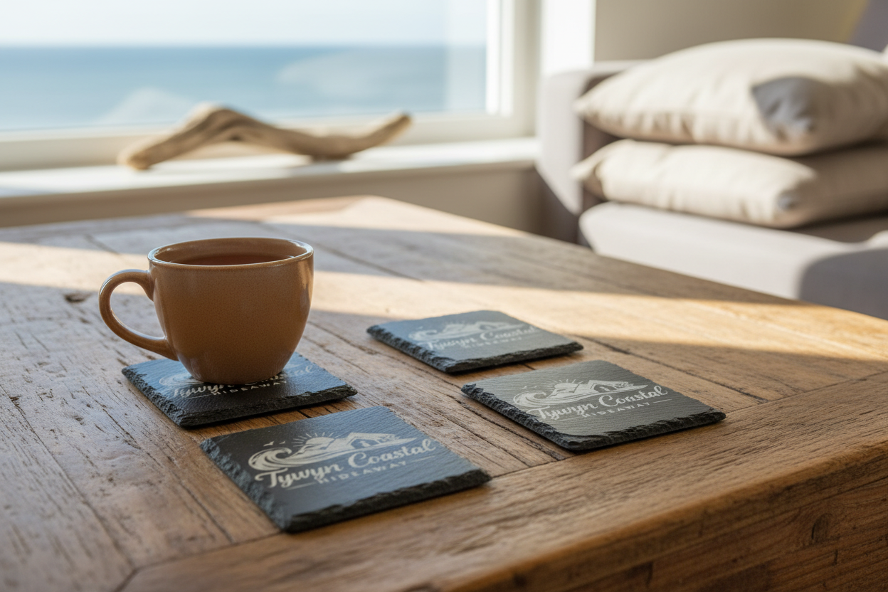 4 Square Slate Coasters with holiday home logo and name on a wooden coffee table 