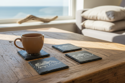 4 Square Slate Coasters with holiday home logo and name on a wooden coffee table 