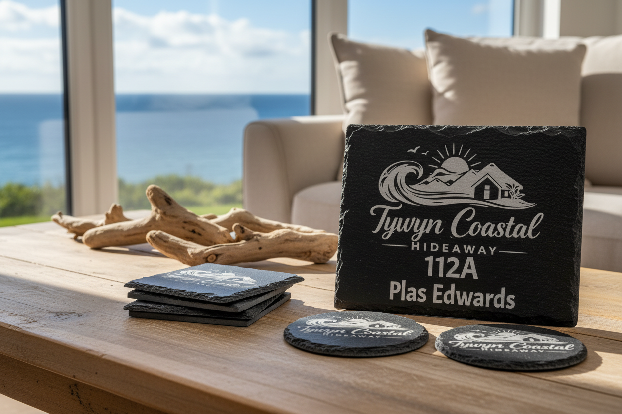 6 Coasters & House Plaque with logo, name and address on a coffee table at an Airbnb– Holiday Home 