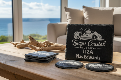 6 Coasters & House Plaque with logo, name and address on a coffee table at an Airbnb– Holiday Home 