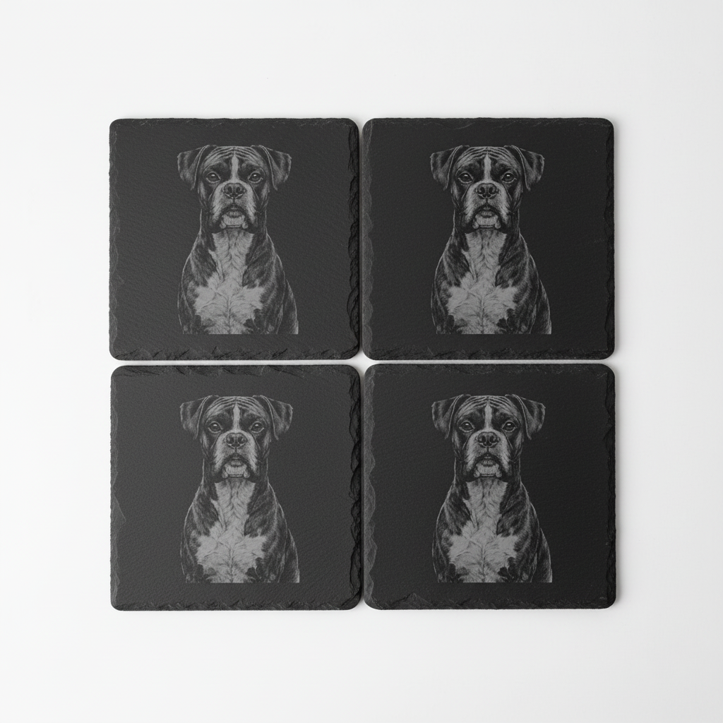 Set of 4 black square slate coasters with a pet boxer dog image