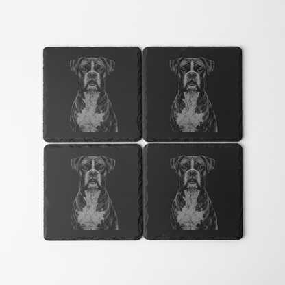 Set of 4 black square slate coasters with a pet boxer dog image