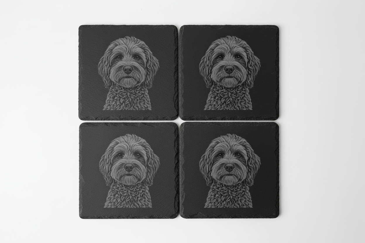 Set of 4 square black slate casters with a cockapoo pet dog image 