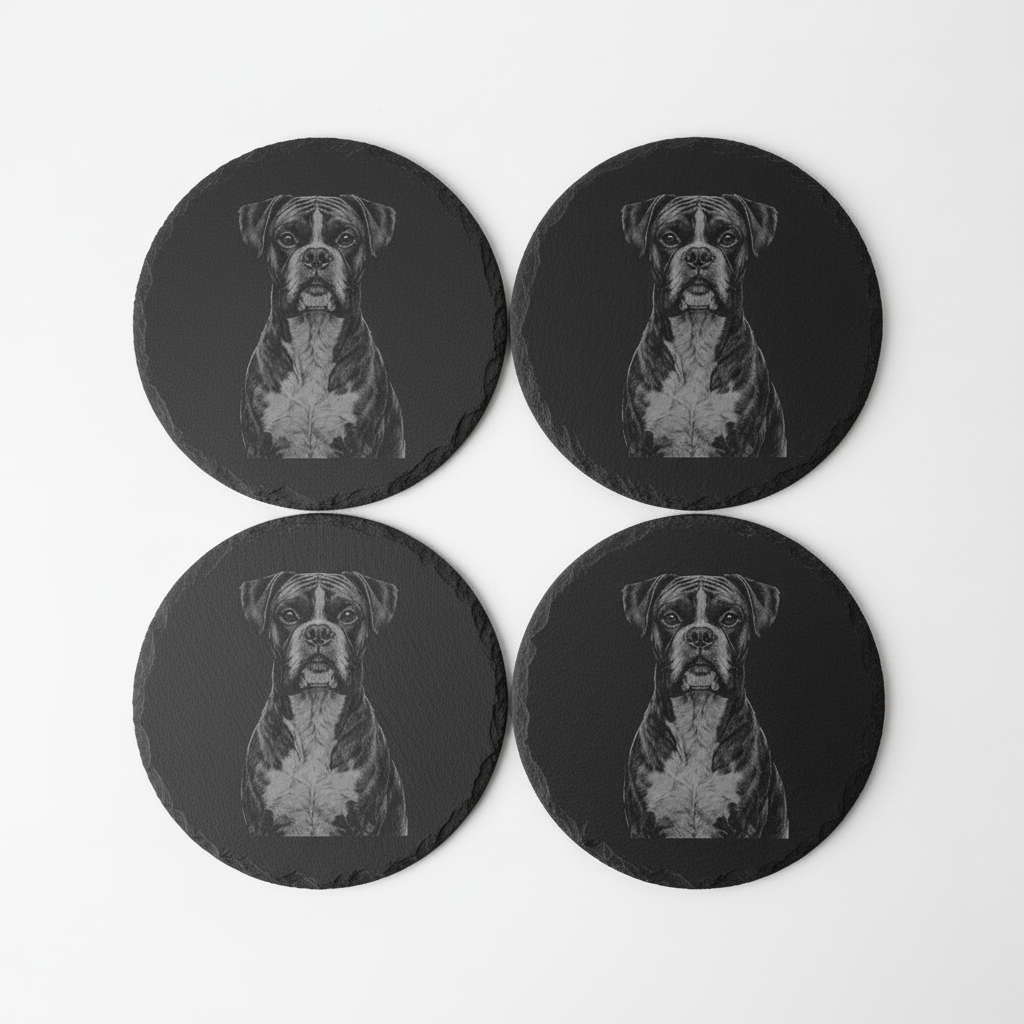 Set of 4 black round slate coasters with a pet boxer dog image