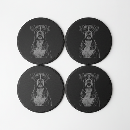 Set of 4 black round slate coasters with a pet boxer dog image