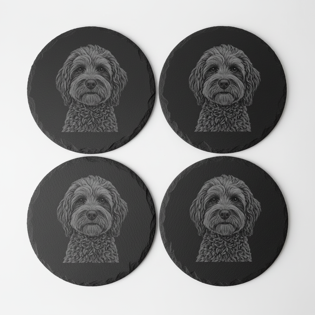 Set of 4 round black slate casters with a cockapoo pet dog image 