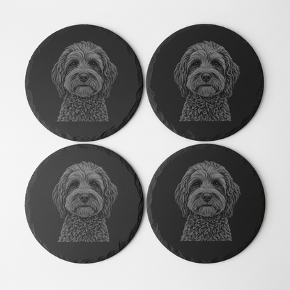 Set of 4 round black slate casters with a cockapoo pet dog image 