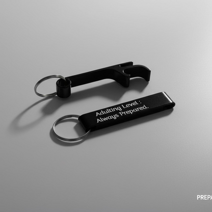 Black bottle opener keychain with 'Adulting Level: Always Prepared' text on a grey background