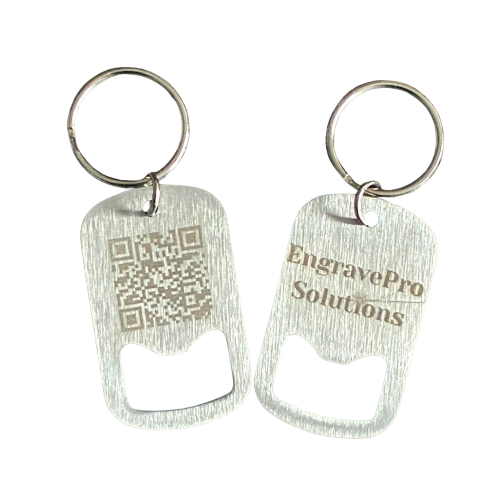Two clear keychains with engraved text and QR code on a white background
