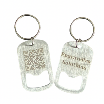 Two clear keychains with engraved text and QR code on a white background