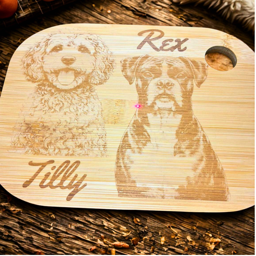 Custom pet photo engraved onto sustainable bamboo chopping board