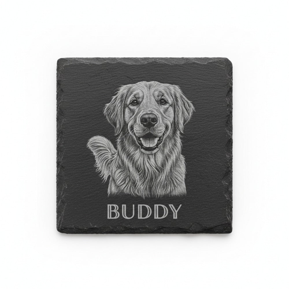 Custom pet photo slate drinks coaster with engraved pet image