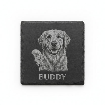 Custom pet photo slate drinks coaster with engraved pet image