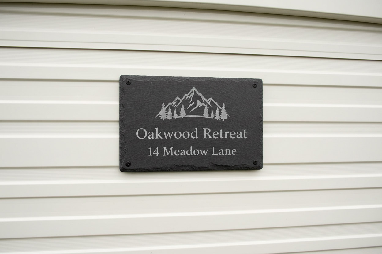 Custom Slate house sign with logo, name and address on luxury caravan