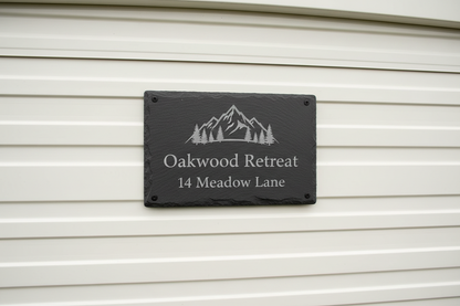 Custom Slate house sign with logo, name and address on luxury caravan