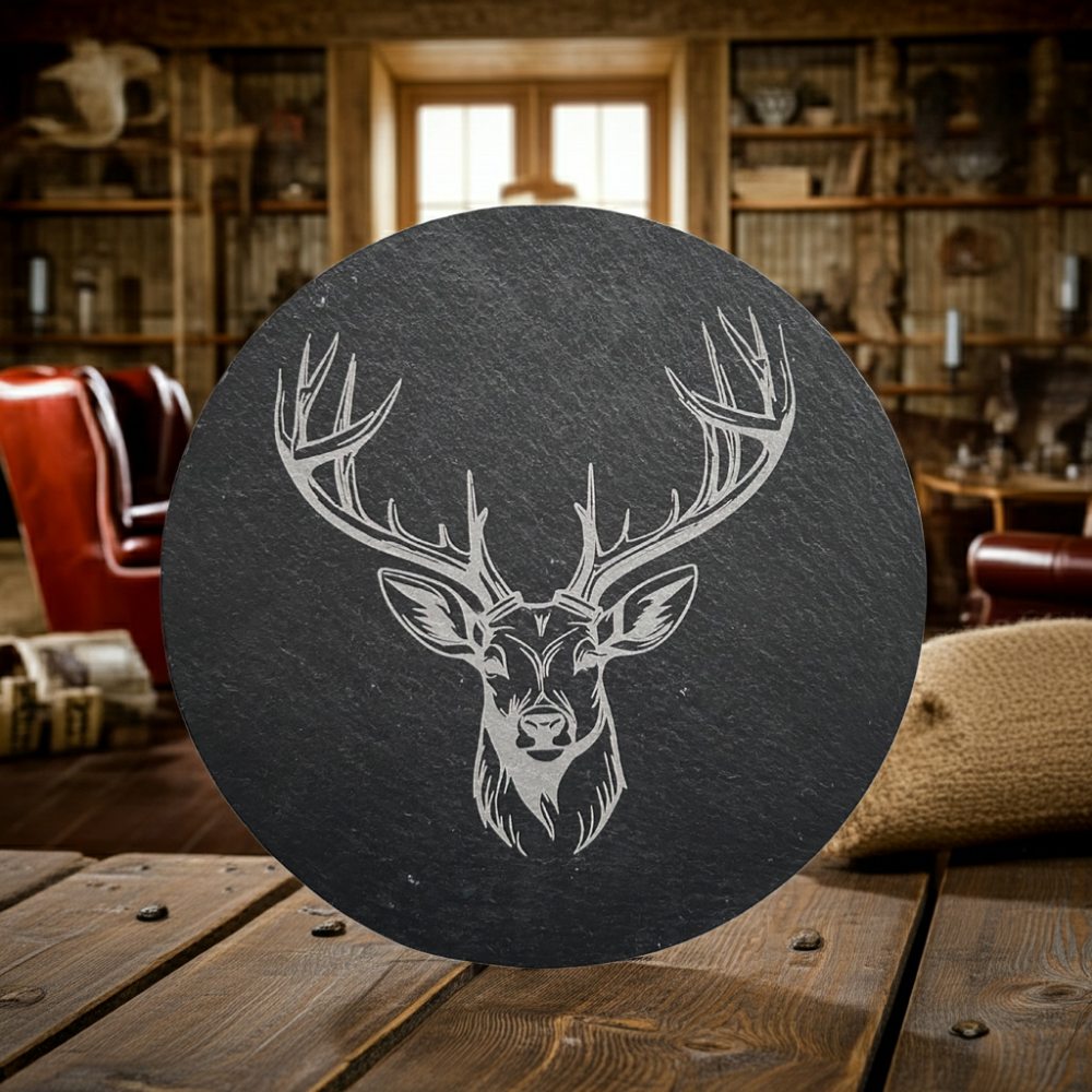 Engraved slate cheese board featuring a stag wildlife design
