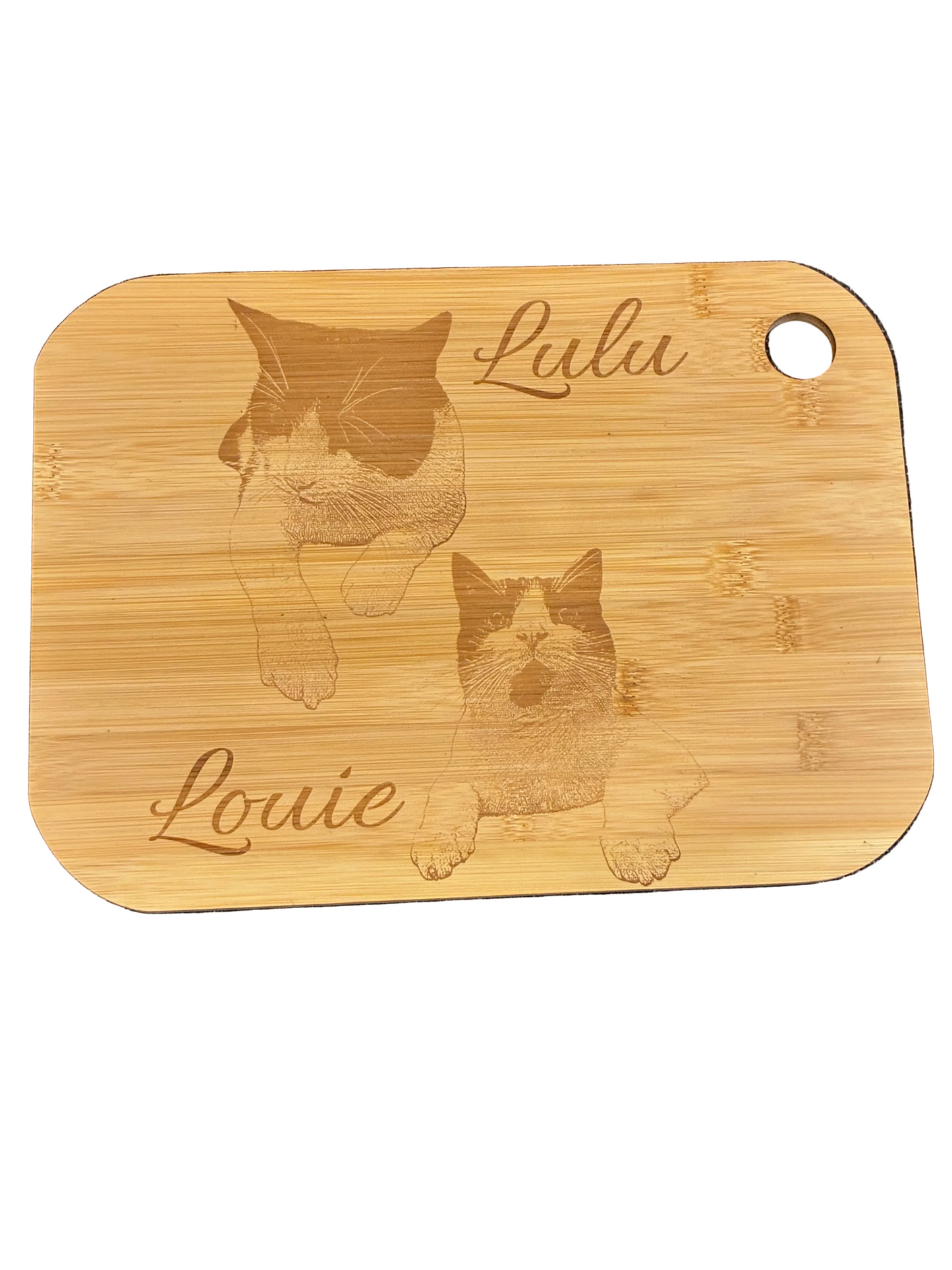 Engraved wooden board featuring two cats sitting side by side with personalised text