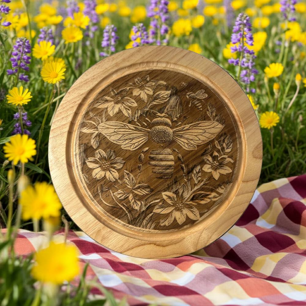 Engraved wooden cheeseboard featuring decorative bee motif