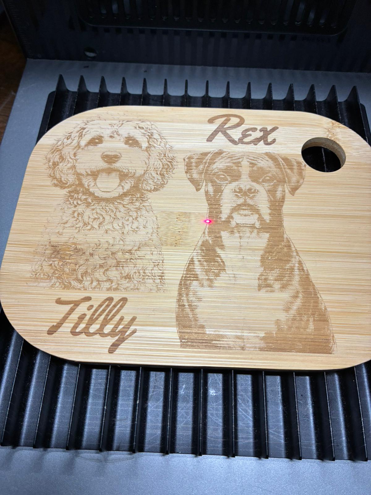 Laser engraved bamboo chopping board personalised with a pet photo on the laser engraver
