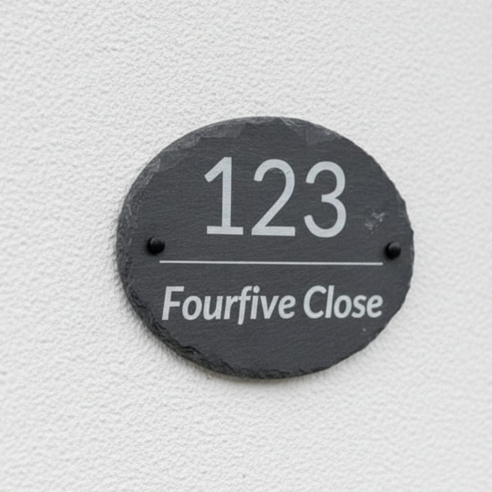 Natural slate oval house plaque with laser engraved details