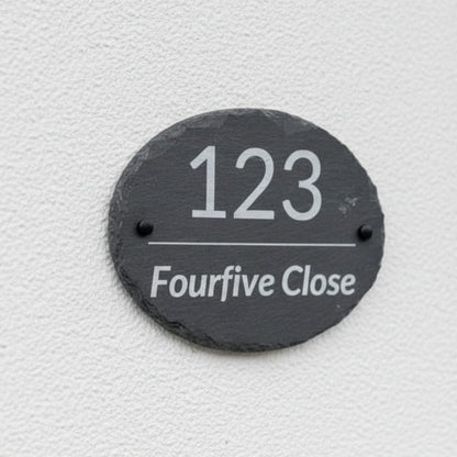 Natural slate oval house plaque with laser engraved details