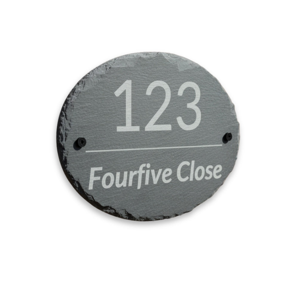 Oval slate house sign engraved with house number and street name