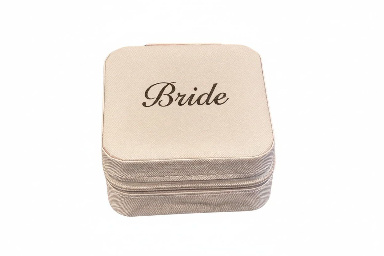 Pink jewellery  box with a Bride Engraved on the top on a white background