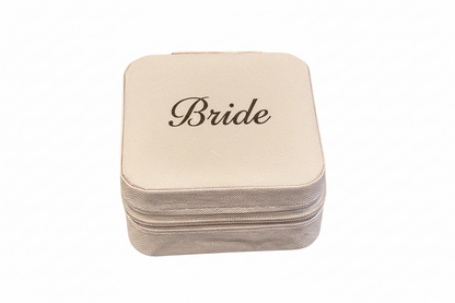 Pink jewellery  box with a Bride Engraved on the top on a white background