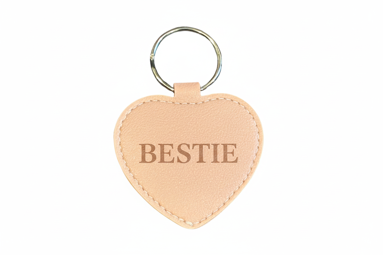 Heart-shaped keychain engraved with Bestie on a white background