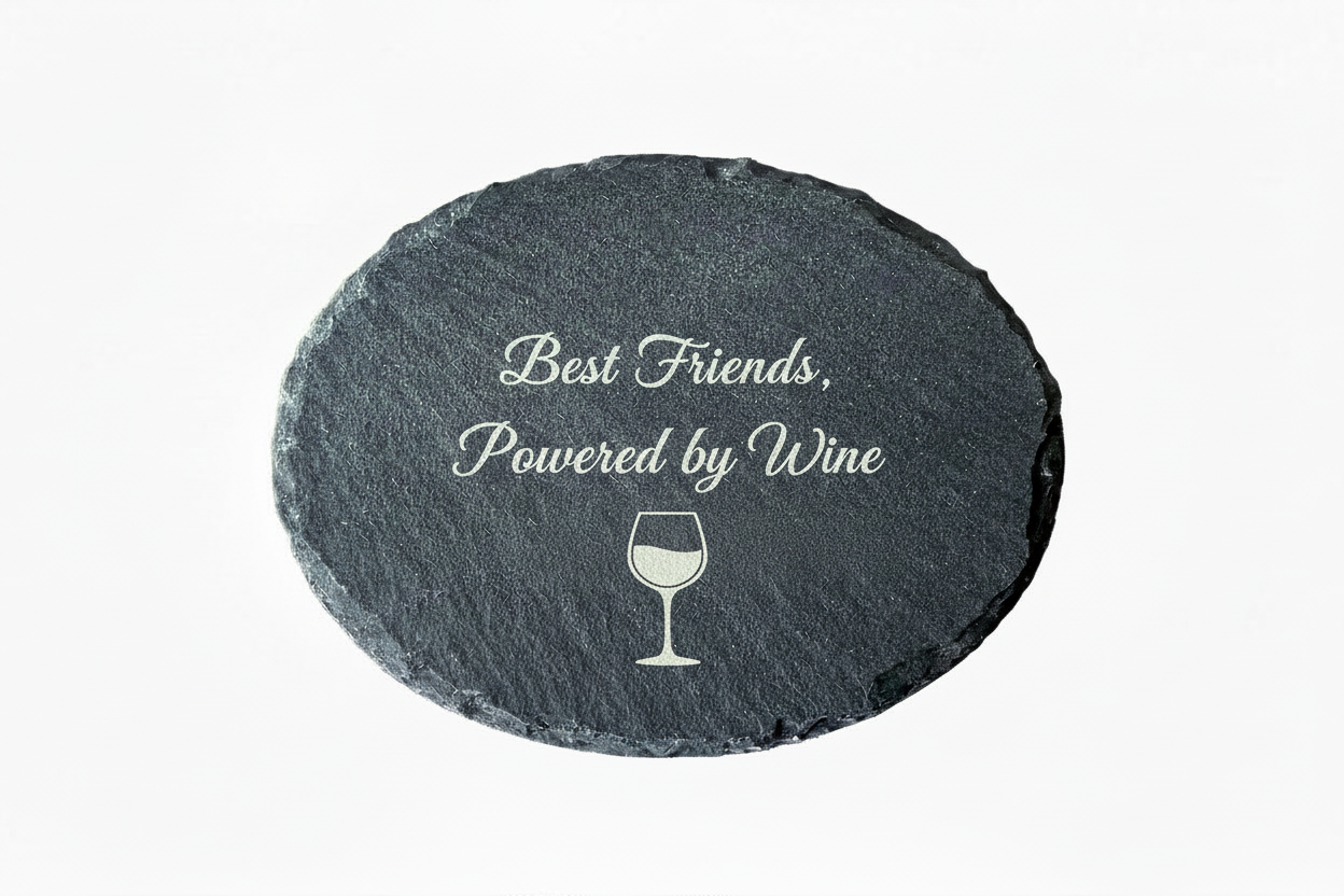 Round slate stone with the text best friends, powered by wine 