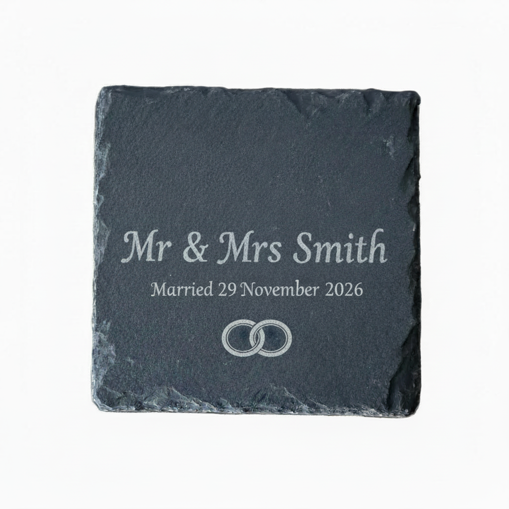 Personalized slate coaster with engraved text 'Mr & Mrs Smith Married 29 November 2026' on a white background
