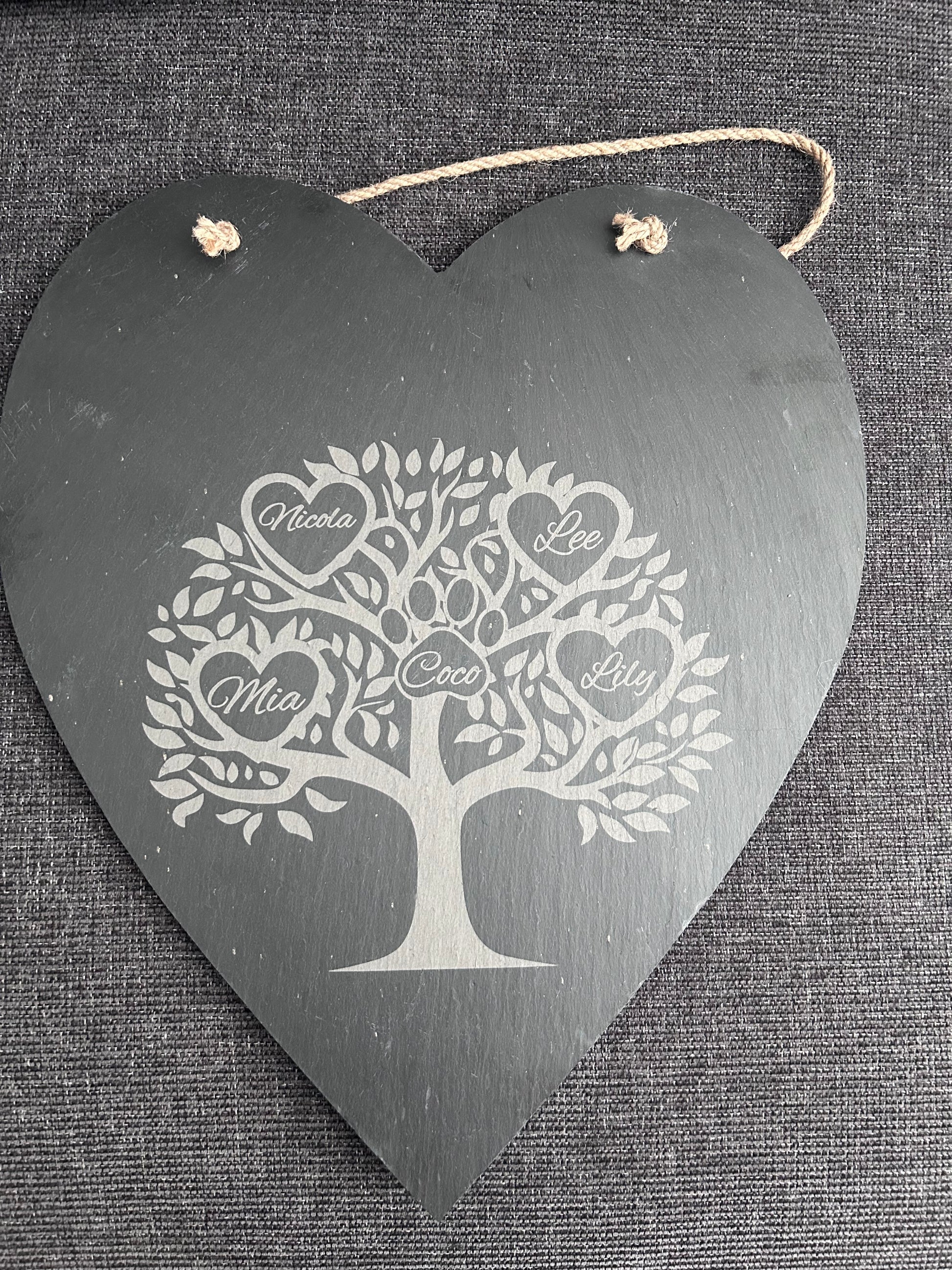Decorative slate hanging plaque with family tree design on a textured  background with hearts for names and a paw print for pet names