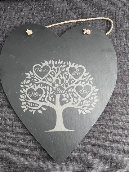 Decorative slate hanging plaque with family tree design on a textured  background with hearts for names and a paw print for pet names