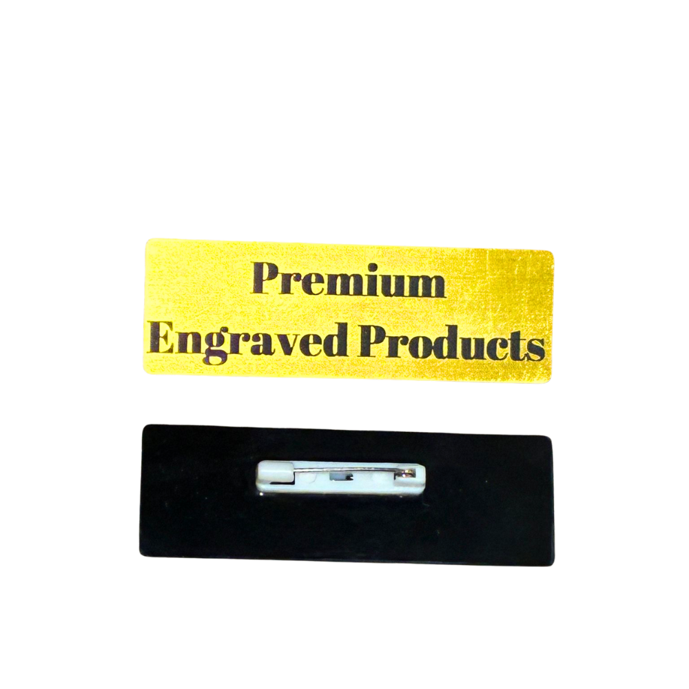 Engraved Name Badge with gold coated finish with a safety pin back 