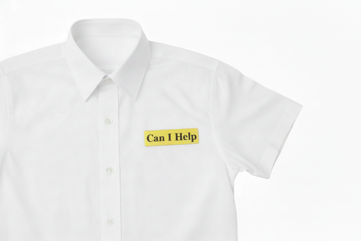 Gold Coated Pin Badge Engraved with Can I help? on the plate on a white shirt