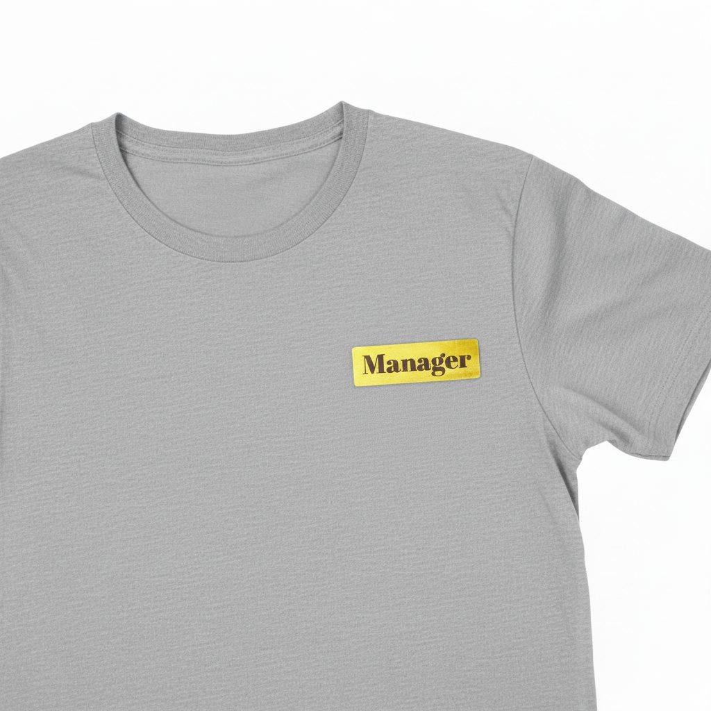 Gold Coasted Name Badge Engraved with Manager Pinned to T-shirt