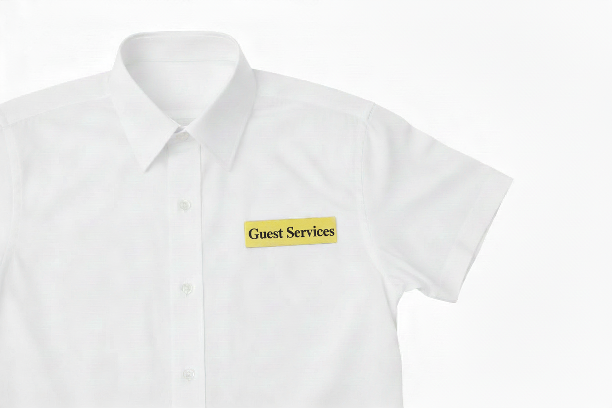 Engraved Pin Badge, Gold Coated with the name Guest Services