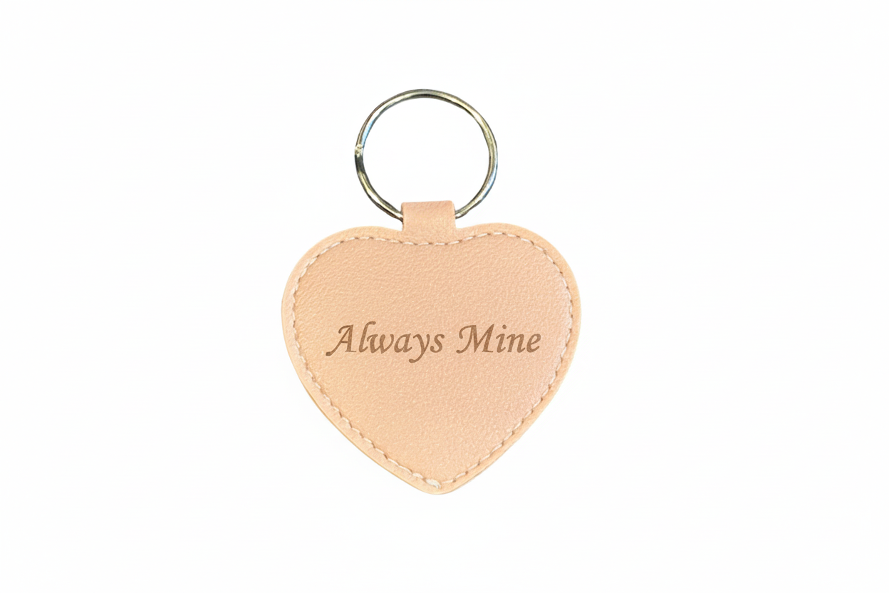 Heart-shaped keychain with Always Mine engraved on a white background
