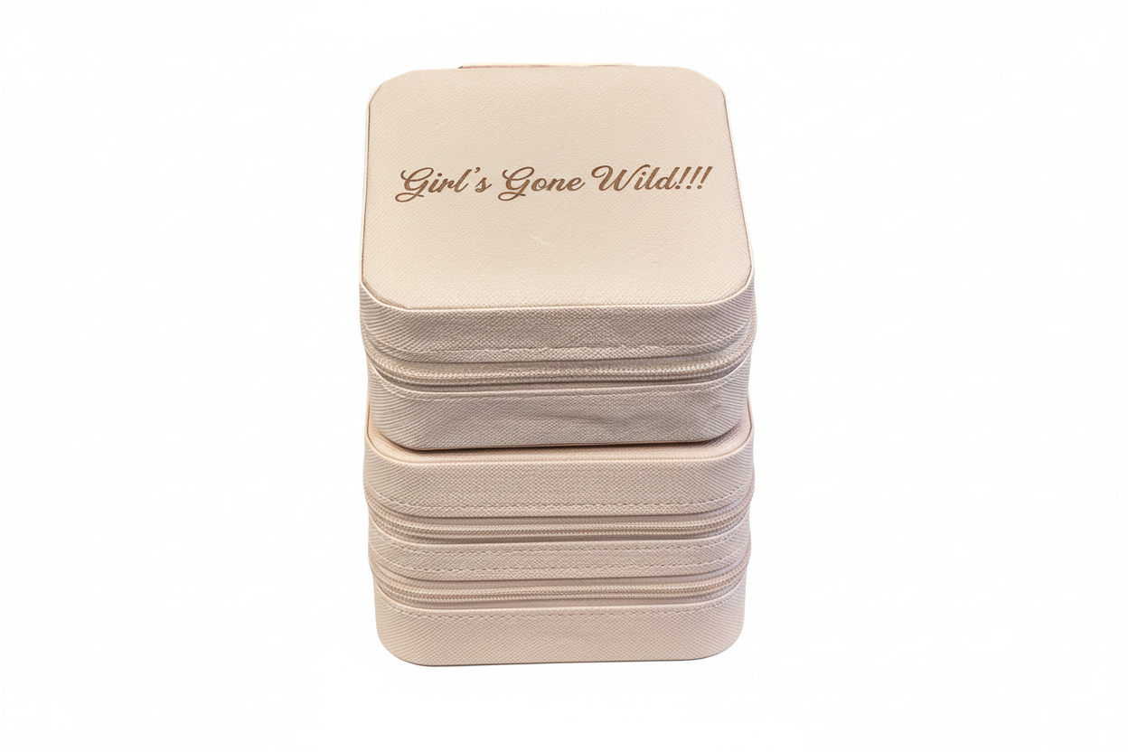 Pink jewellery  box with Girls Gone Wild engraving on a white background