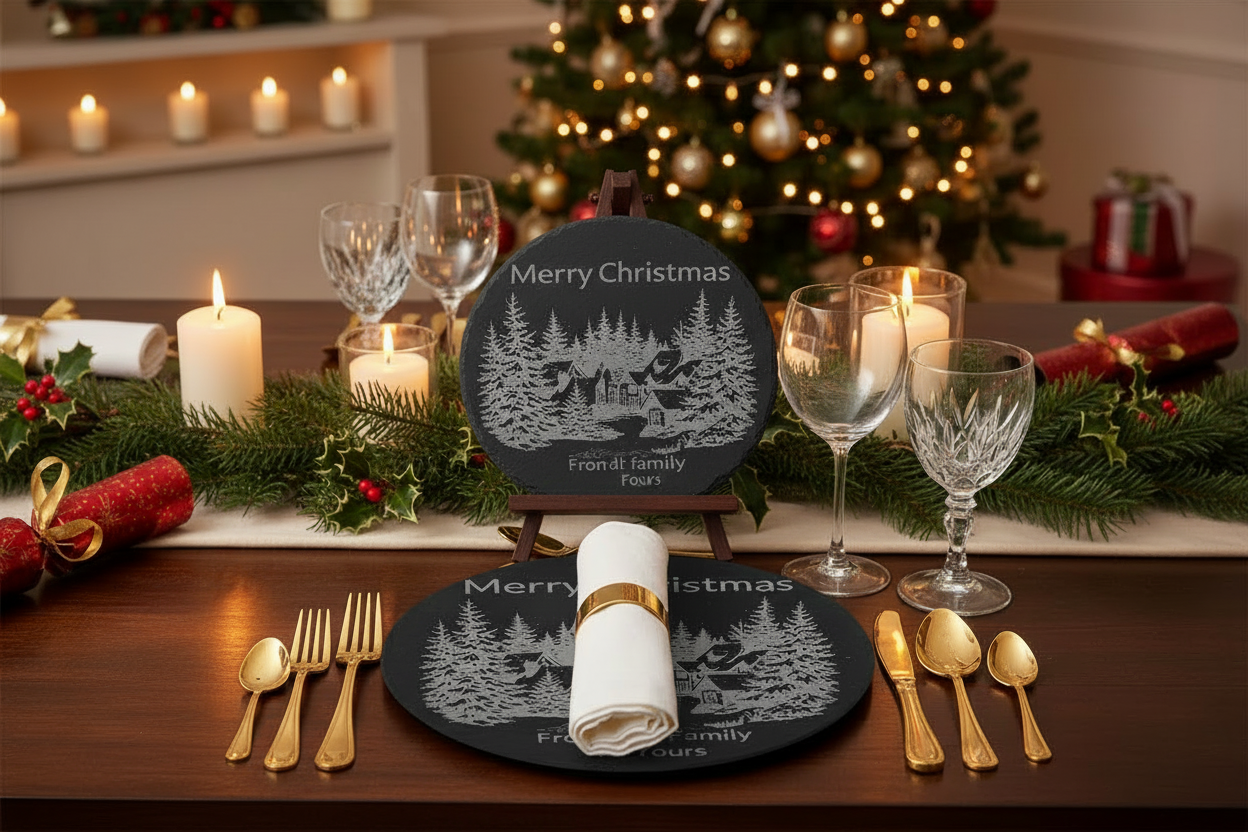 Christmas-themed table setting with decorative plates, glasses, and candles.